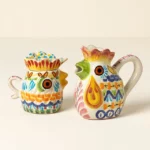 Majolica Rooster Creamer & Sugar Jar 1