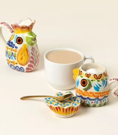 Majolica Rooster Creamer & Sugar Jar