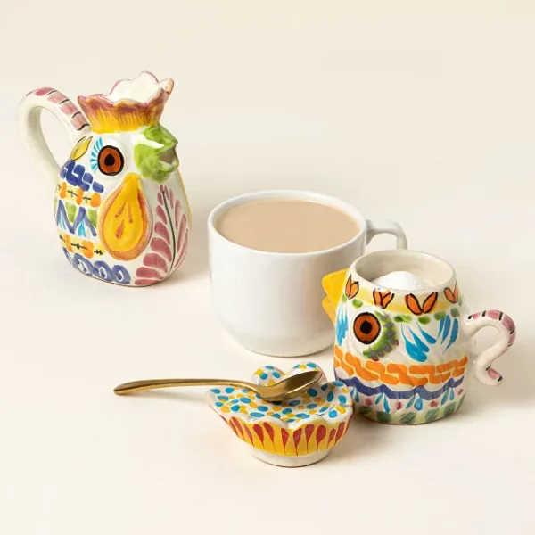 Majolica Rooster Creamer & Sugar Jar